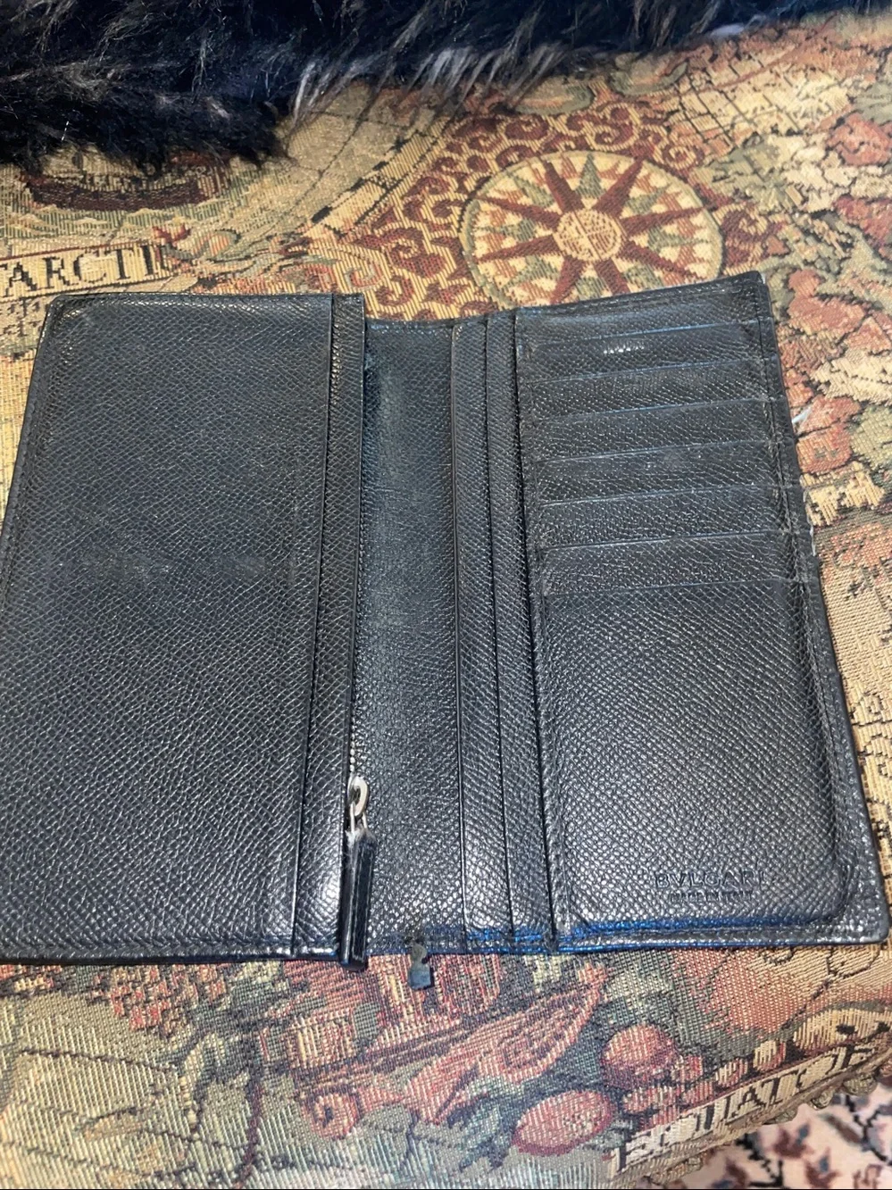 Bvlgari Black Saffiano Leather wallet with blue linings